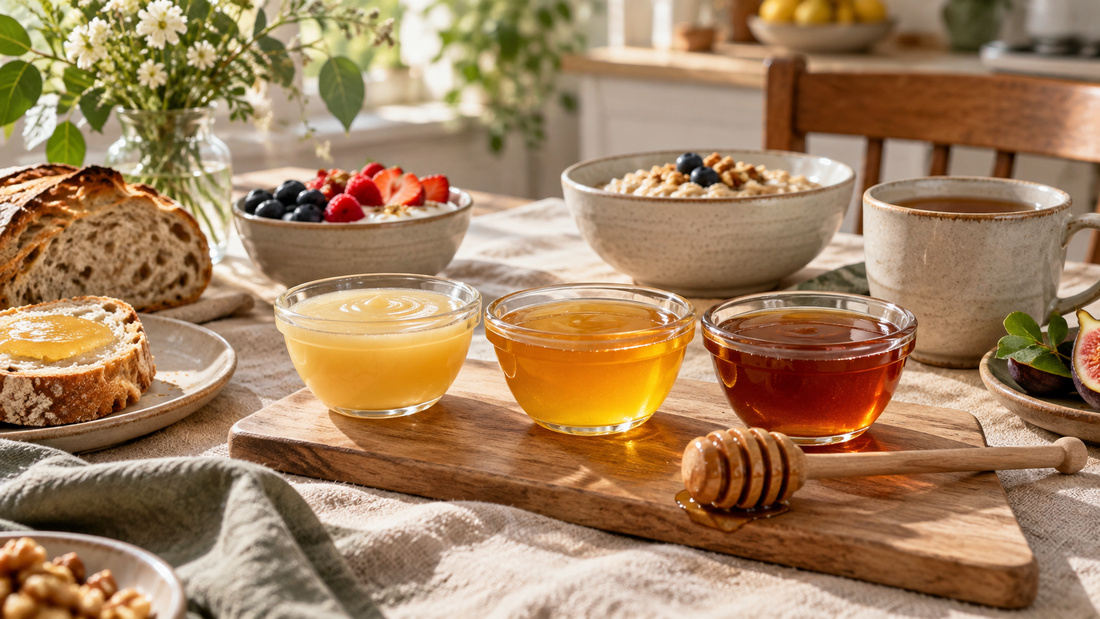 Trois miels de couleurs différentes avec tartines, yaourt, porridge et thé sur une table de petit-déjeuner
