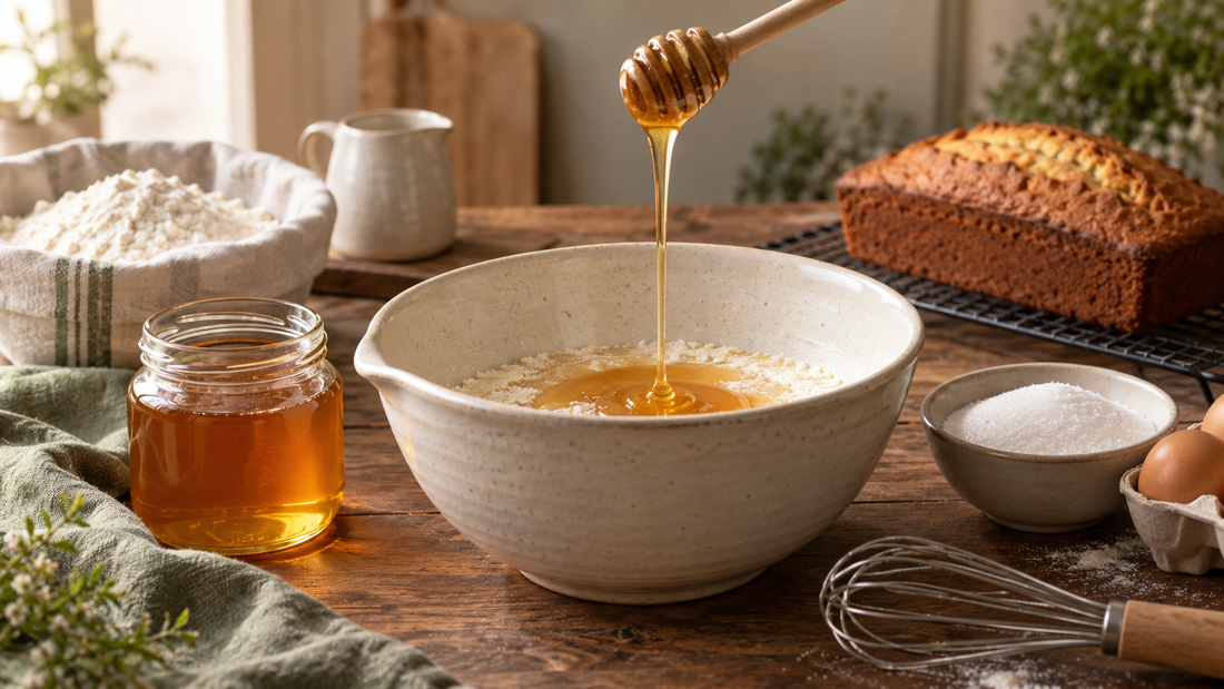 Miel versé dans une pâte à gâteau, avec un bol de sucre, de la farine, des œufs et un cake