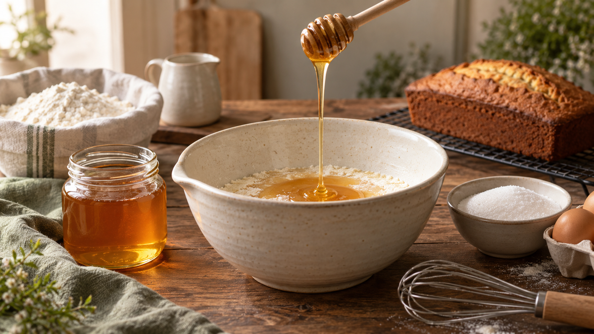 Miel versé dans une pâte à gâteau, avec un bol de sucre, de la farine, des œufs et un cake