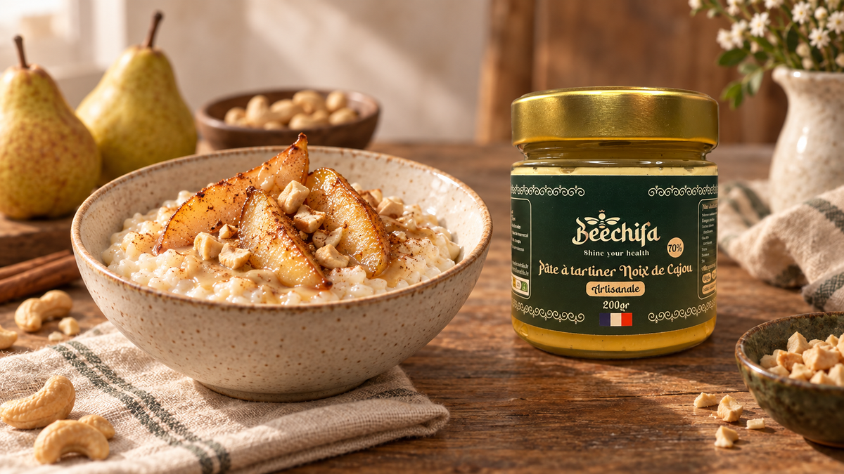 Riz au lait crémeux aux poires poêlées avec notre pâte à tartiner Noix de cajou Beechifa
