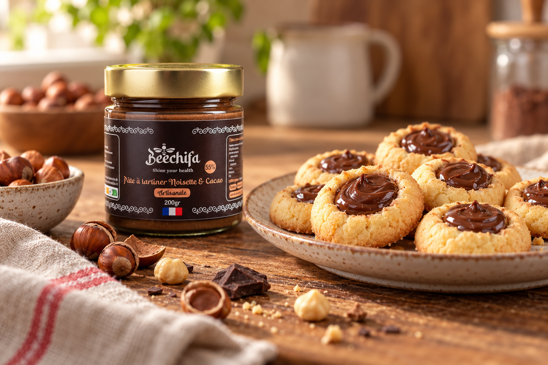 Sablés à empreinte fourrés de pâte Noisette et Cacao avec le pot Beechifa
