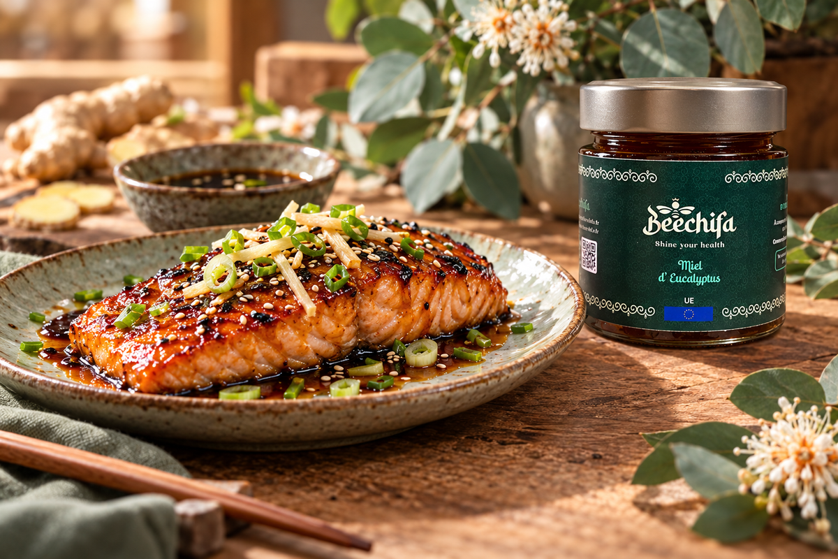 Saumon laqué au miel d’eucalyptus, soja et gingembre avec le pot Beechifa