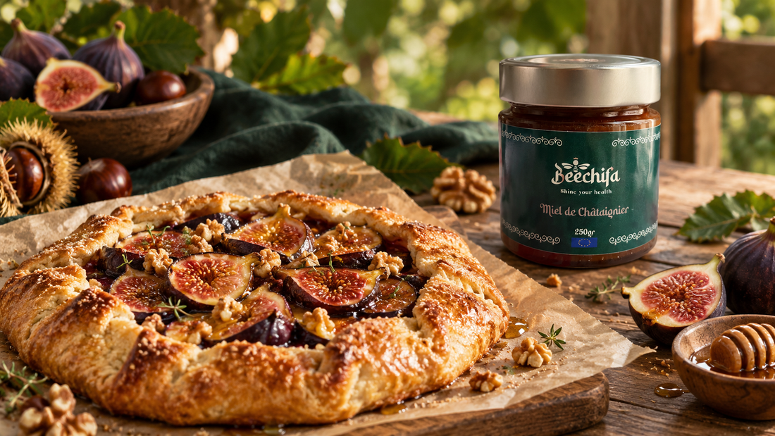 Tarte rustique aux figues et aux noix avec notre pot de miel brut de châtaignier Beechifa