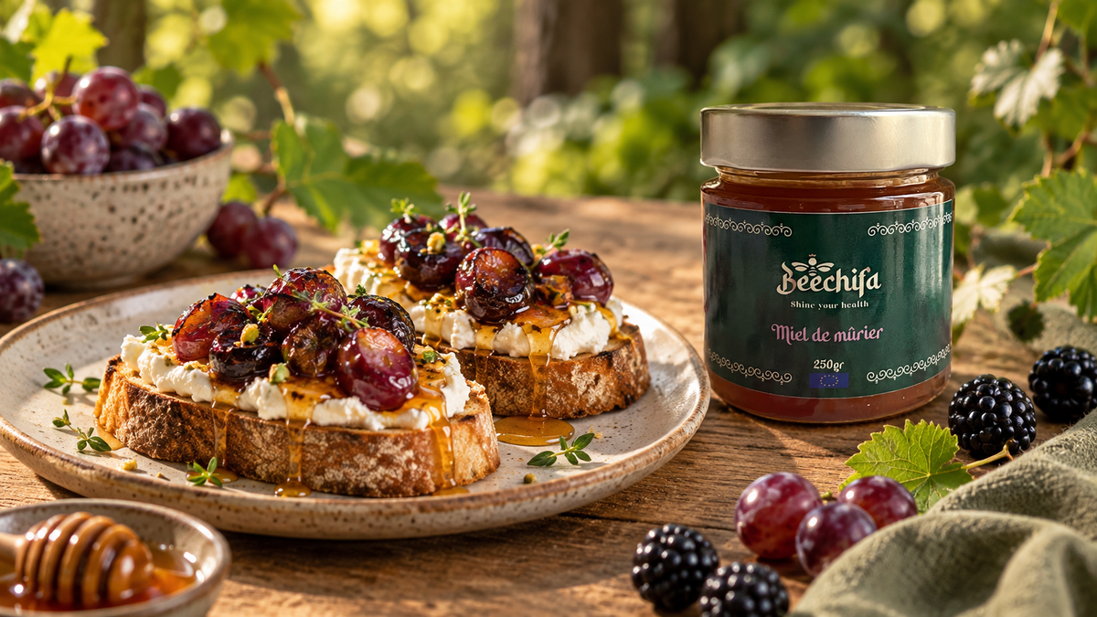 Tartines de ricotta aux raisins rôtis et miel de mûrier avec le pot Beechifa