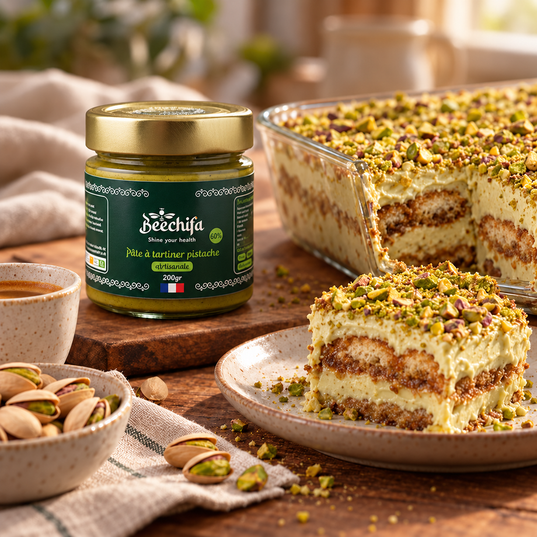 Tiramisu à la pistache, café et pot de pâte à tartiner Pistache Beechifa
