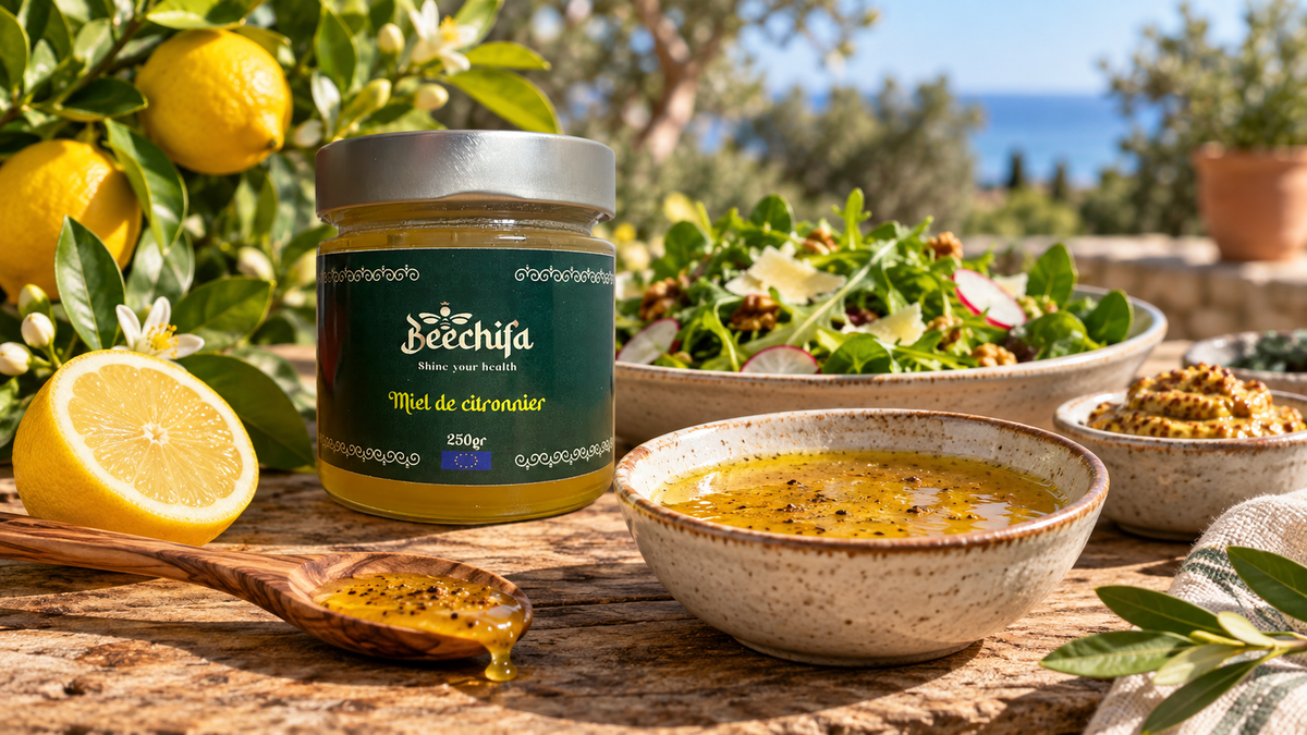 Pot de miel brut de citronnier Beechifa avec une vinaigrette au citron et à la moutarde