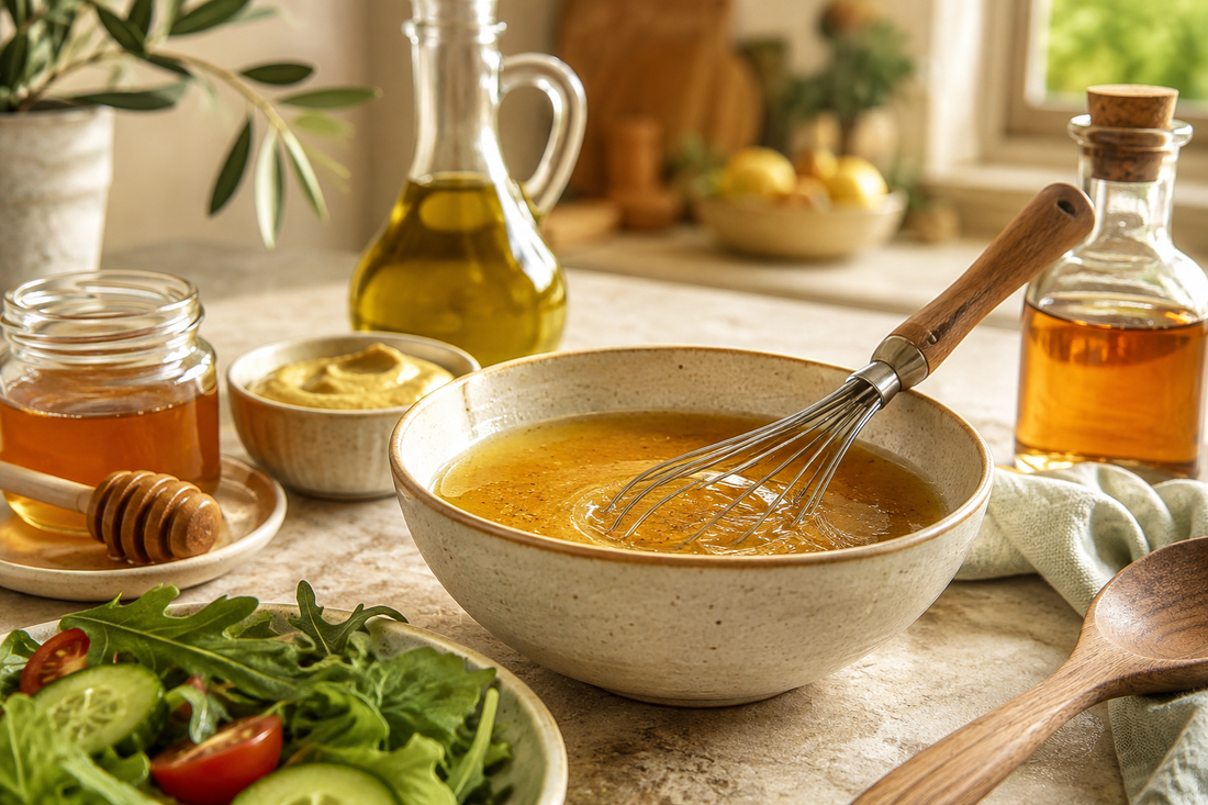 Vinaigrette au miel et à la moutarde dans un bol avec fouet, huile d’olive et salade fraîche